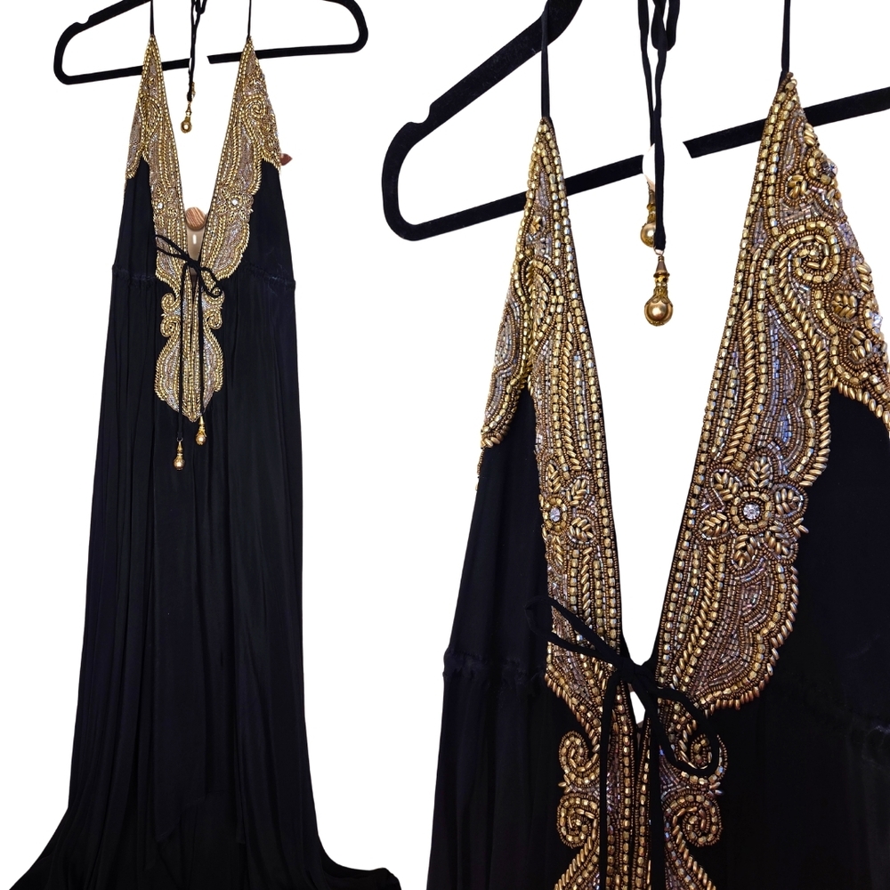 Black and Gold Beaded Sparkly Halter Maxi Dress